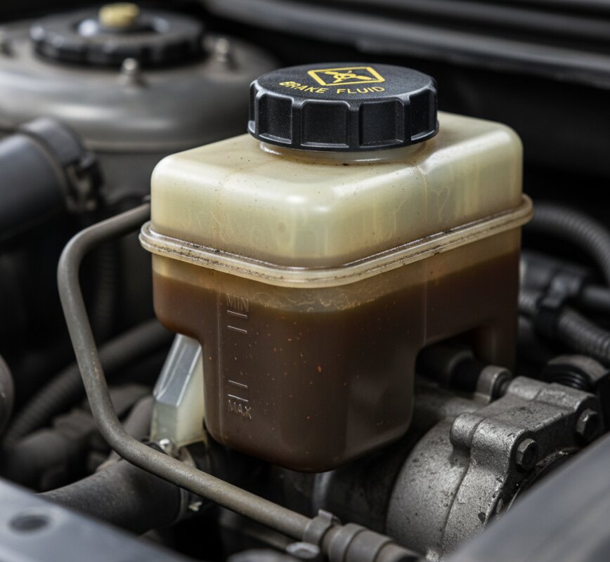 Zbliżenie na zbiorniczek z ciemnym, zanieczyszczonym płynem hamulcowym.