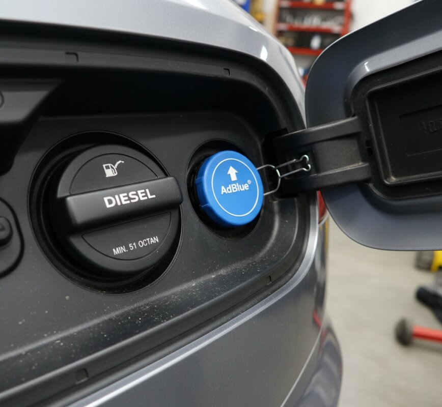 Zbliżenie na wlewy paliwa (Diesel) i AdBlue w samochodzie.