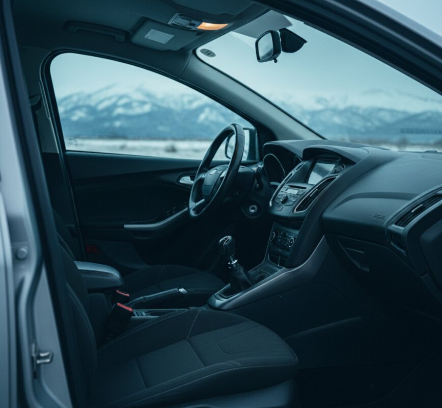 Wnętrze Forda Focusa z widokiem na skrzynię biegów i zaśnieżone góry za oknem.