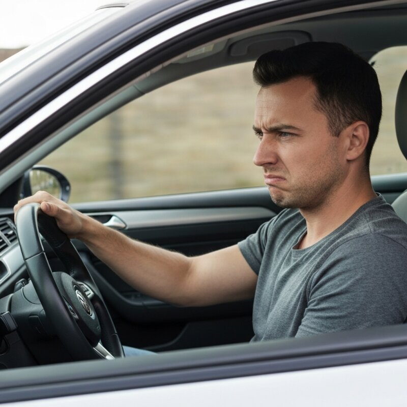 Kierowca z krzywą miną, która sugeruje brzydki zapach w aucie.