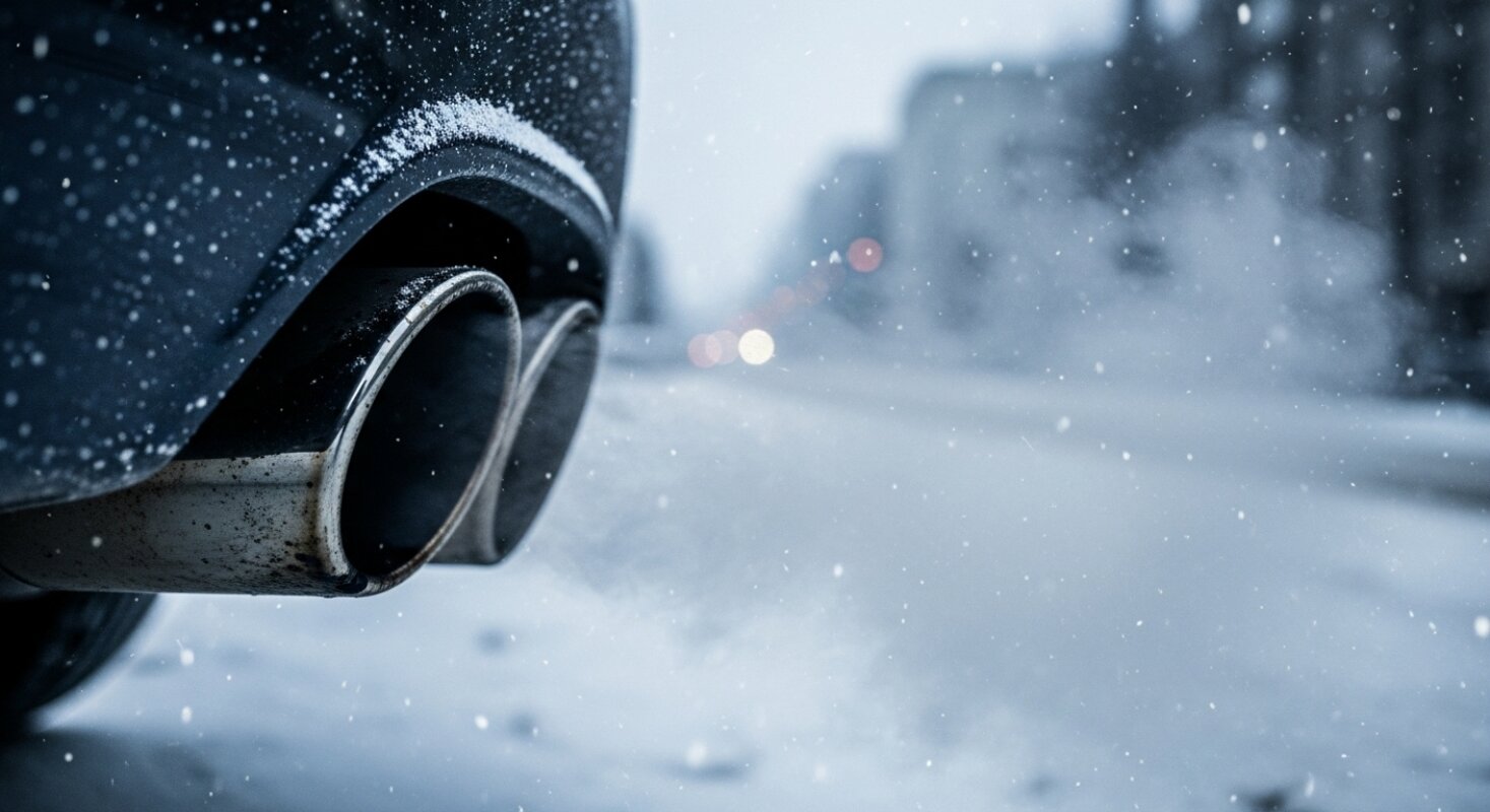 Detal rur wydechowych samochodu na tle zimowej, zaśnieżonej ulicy.